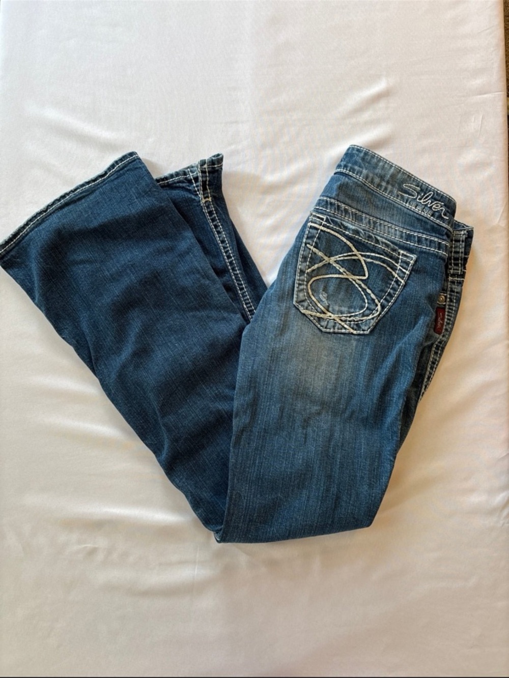 Silver Jeans Medium Dark Blue Flare Jeans with Embroidered Pockets